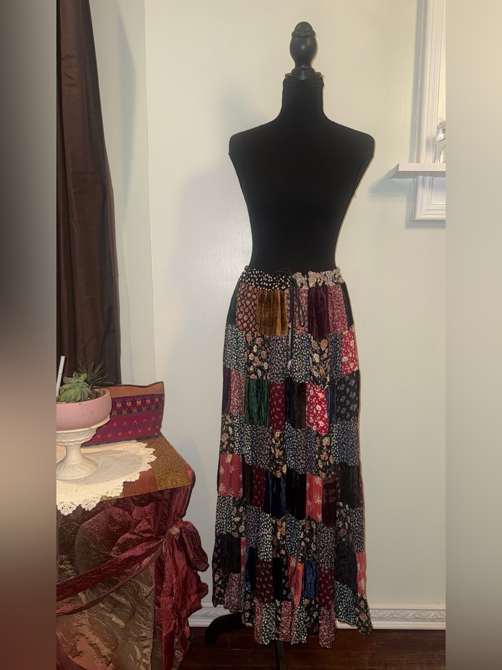 Vintage Bohemian Patchwork Maxi Skirt in Multi-Color with Drawstring Waist
